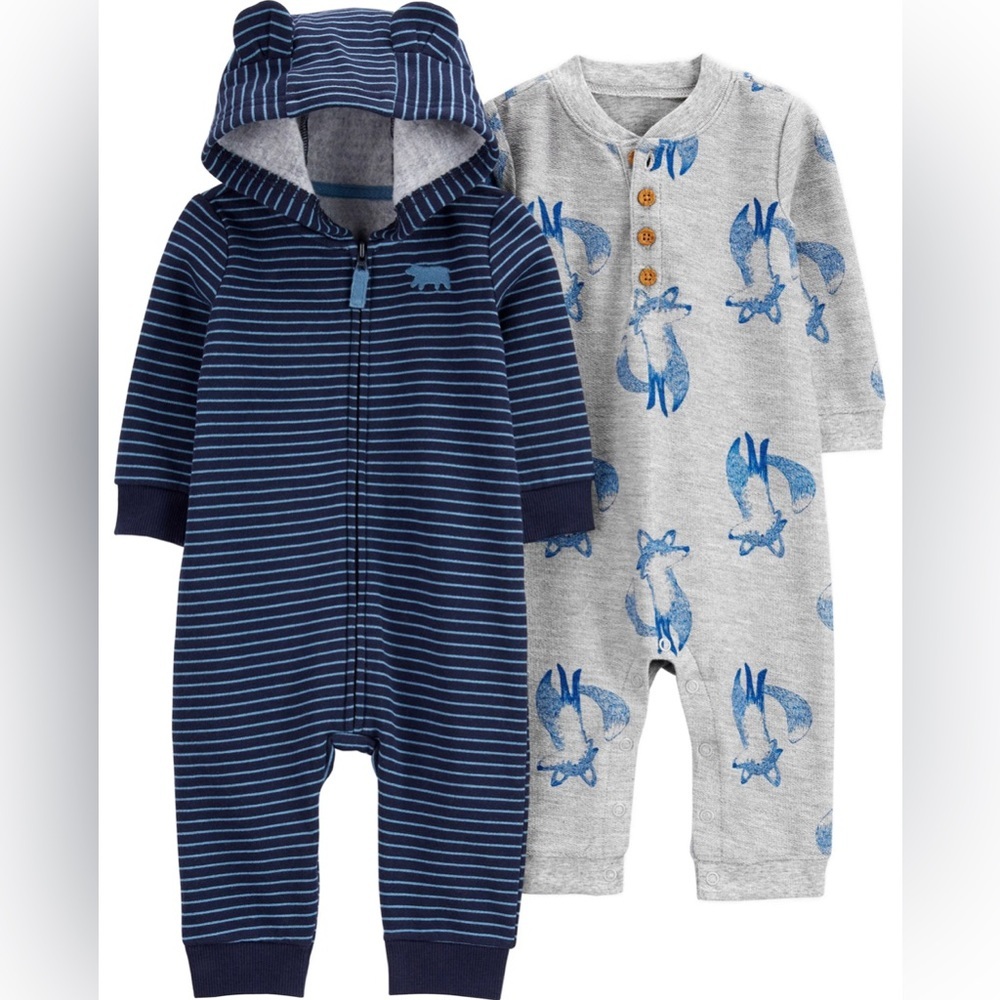 Carter's Baby Boy 2-Pack Jumpsuit Size 18 Months Blue Gray Fox & Bear Print NEW